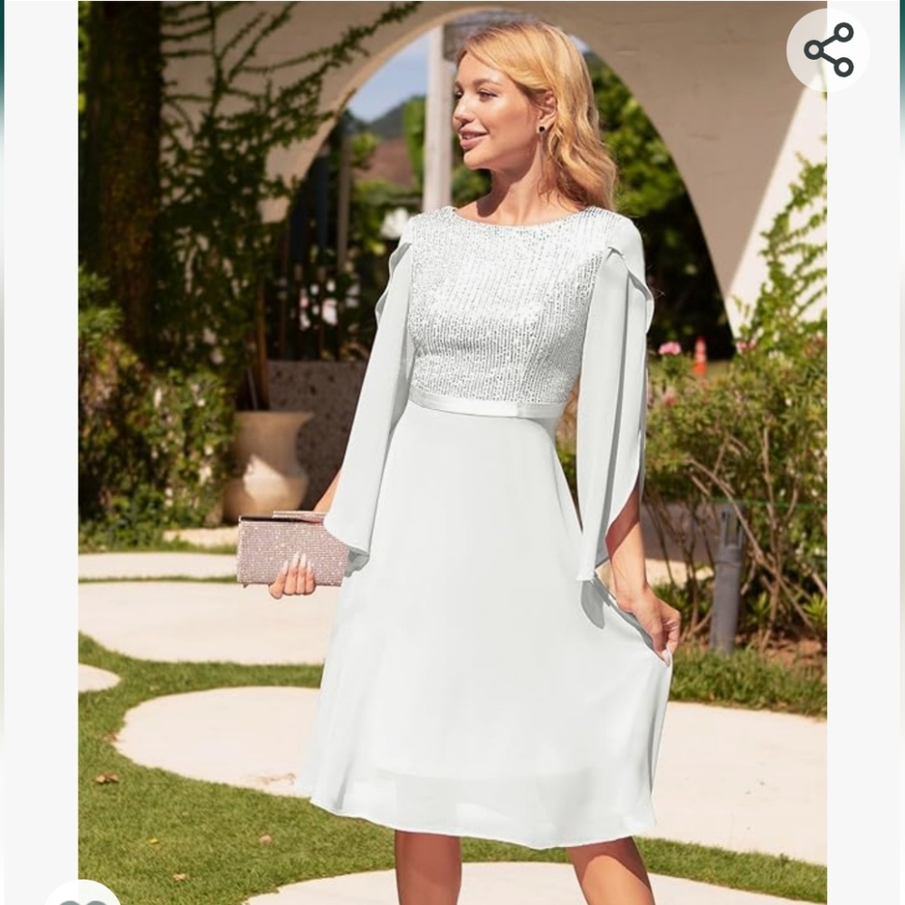 Dresstells White Sequin & Chiffon Dress
